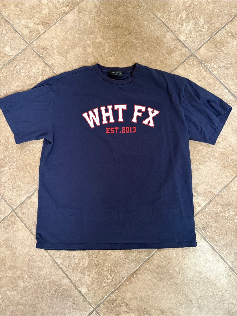 White Fox Boutique Navy Short Sleeve Graphic Tee with Red & White Logo